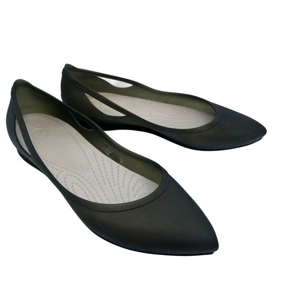 CROCS WOMEN’S BLACK POINTED TOE FLATS W7 MATTE RUBBER COMFORT BALLET SHOES - Picture 7 of 16